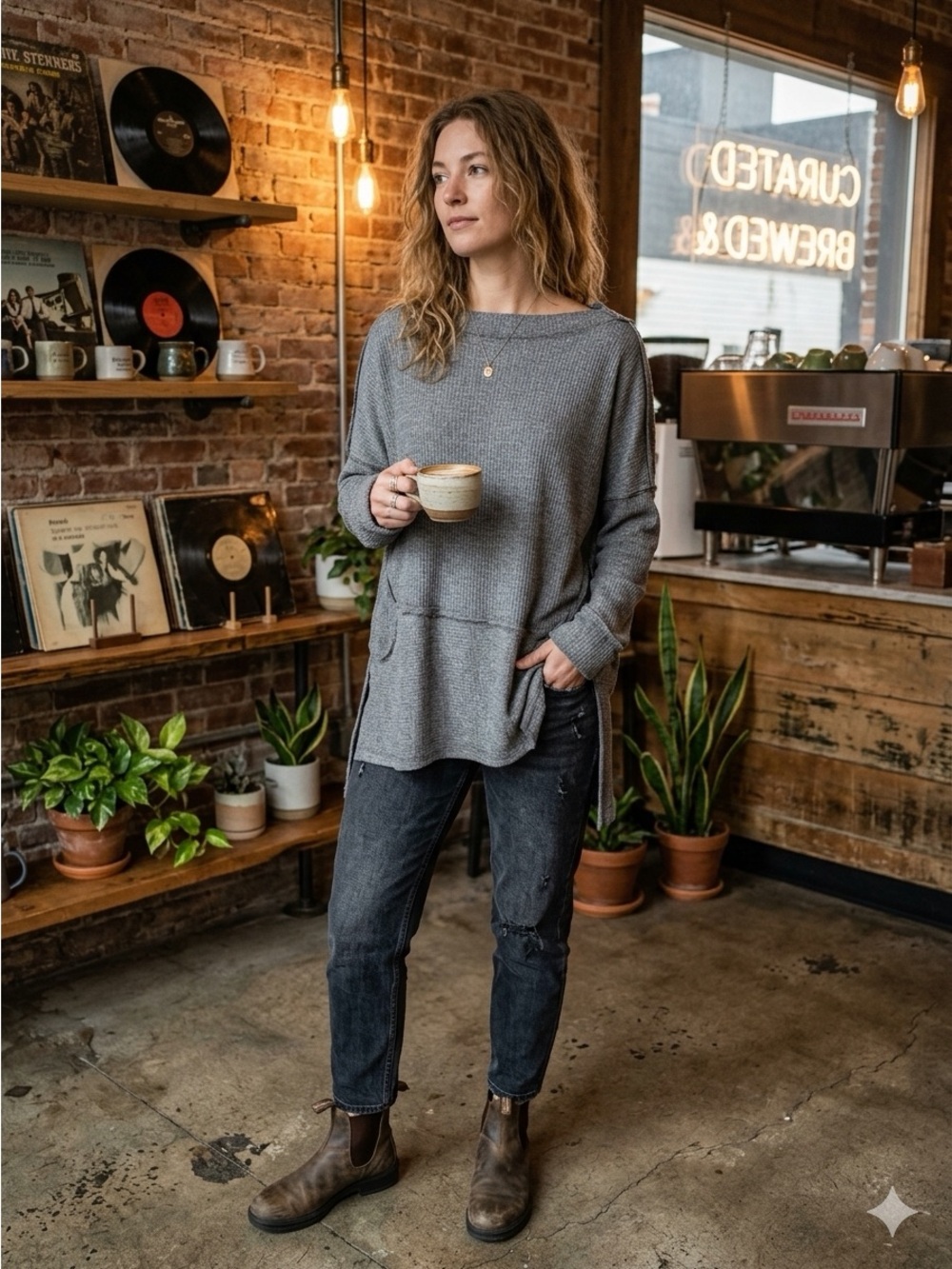 FREE PEOPLE Gray Londontown Asymmetrical Heathered Ribbed Long Sleeve Top